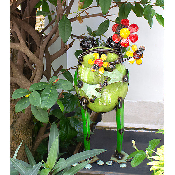 Iron Standing Frog With Flower